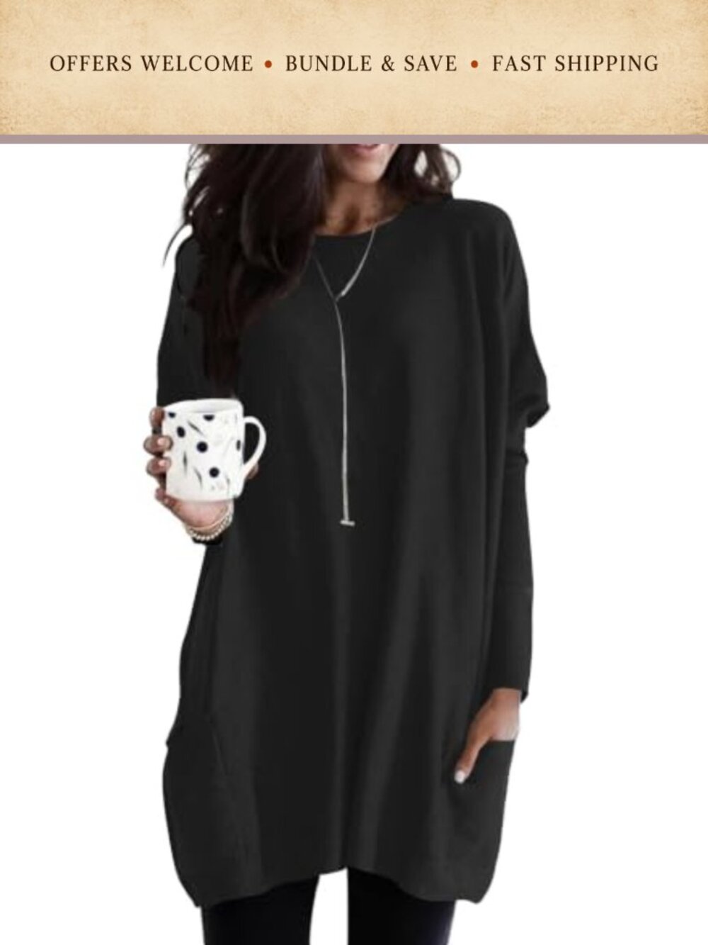 Womens Long Sleeve Tunic Top with Pockets Pullover Shirt Dress